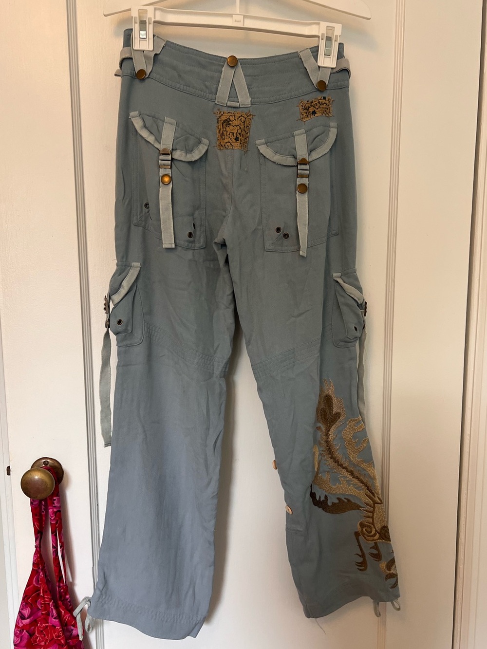 Da-Nang Slate Blue Cargo Pants with Embroidered Wing Detail